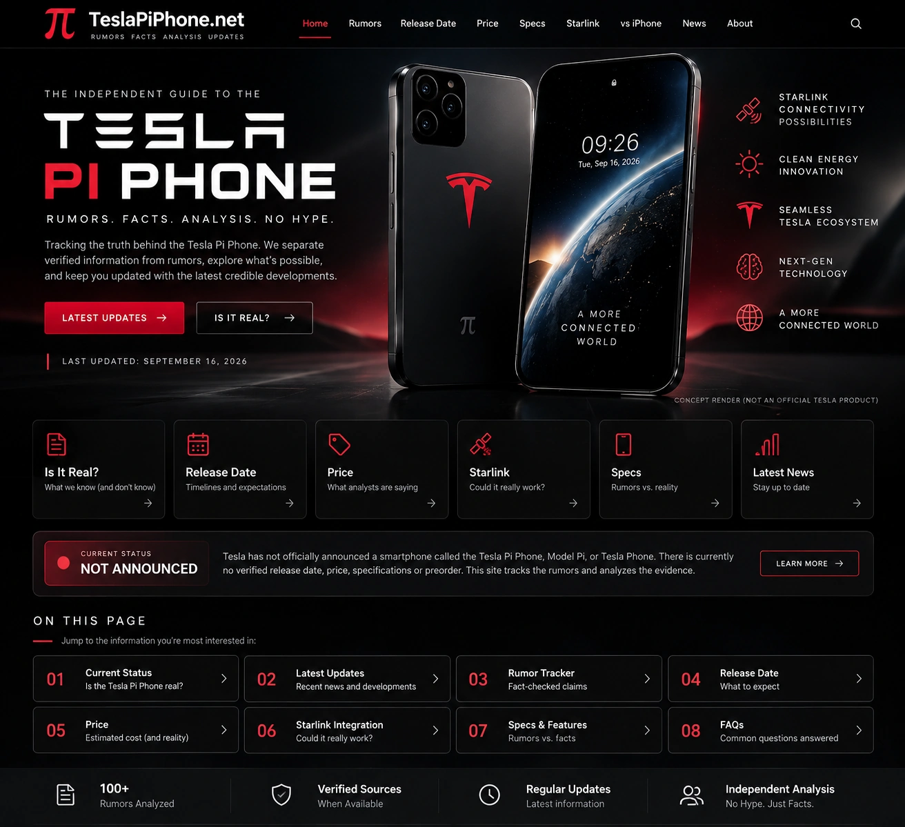 TeslaPiPhone.net dark cinematic homepage featuring an unofficial Tesla Pi Phone concept